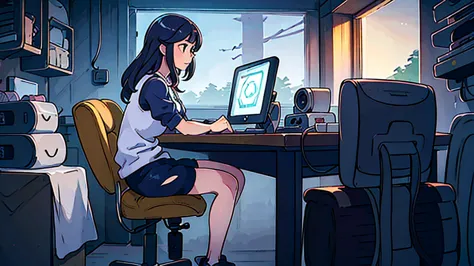 a woman in her 30s working on a computer