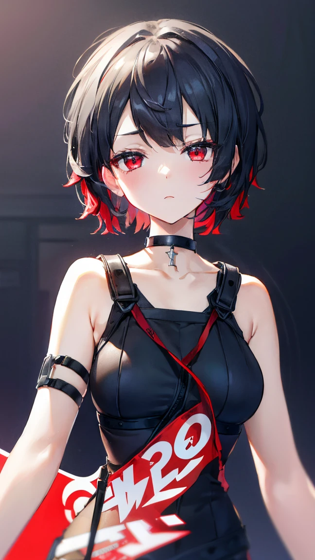 High resolution,high resolution,Girl,Black Hair,Short Hair,Red Eyes,Slanted Eyes,Bad mood,boyish,slender,Toned body,,,Sportswear,Starry Sky,choker,,