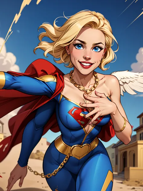 Young female, blonde with short hair, with big, bright blue eyes, wearing a blue costume, defined chest, wearing a golden should...