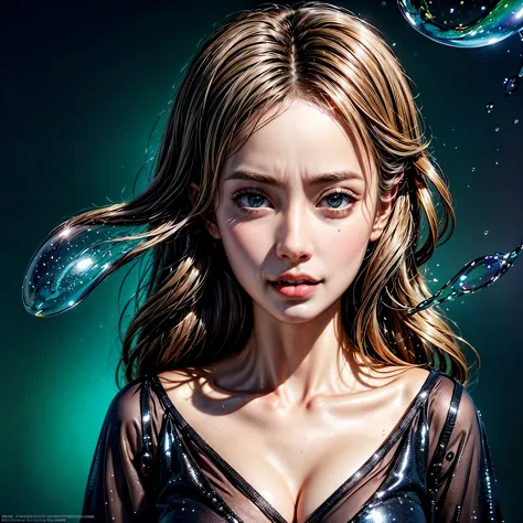 a Stunning girl's face reflecting rainbow colors in shimmering bubbles, extremely detailed, 8k, masterpiece, photorealistic, pro...