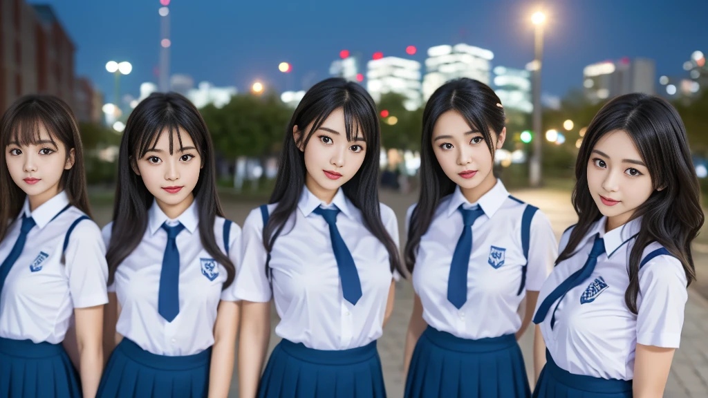 ((super high quality、High resolution、masterpiece、 Anatomically correct、Super detailed photos、Ultra-realistic photos、 Highest quality))、(3girs)、group photo、looking at viewer、Night cityscape、Uninhabited downtown、Walk over here、(cowboy shot)、(school uniform:1.2)、white formal shirt、((from front))、(huge breast)、Small waist、Detailed face、Perfect figure、Brown Hair、Medium Hair
