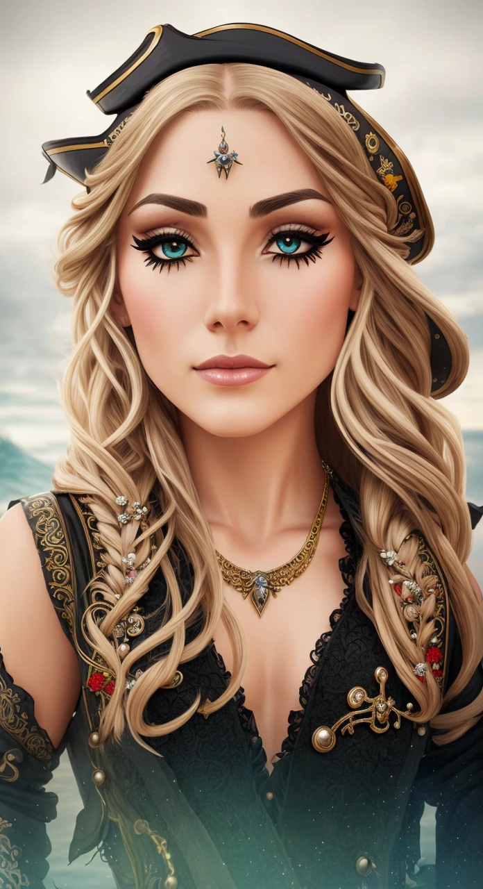 beautiful female pirate with hat, pirate captain, detailed face, beautiful eyes, full lips, long eyelashes, ornate pirate hat, feather in hat, intricate pirate outfit, embroidered coat, shiny jewelry, holding sword, stormy sea background, dramatic lighting, cinematic, vibrant colors, highly detailed, photorealistic