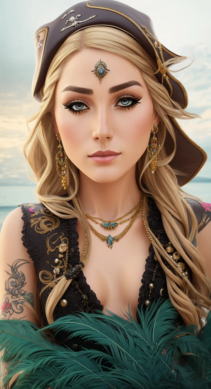 beautiful female pirate with hat, pirate captain, detailed face, beautiful eyes, full lips, long eyelashes, ornate pirate hat, feather in hat, intricate pirate outfit, embroidered coat, shiny jewelry, holding sword, stormy sea background, dramatic lighting, cinematic, vibrant colors, highly detailed, photorealistic