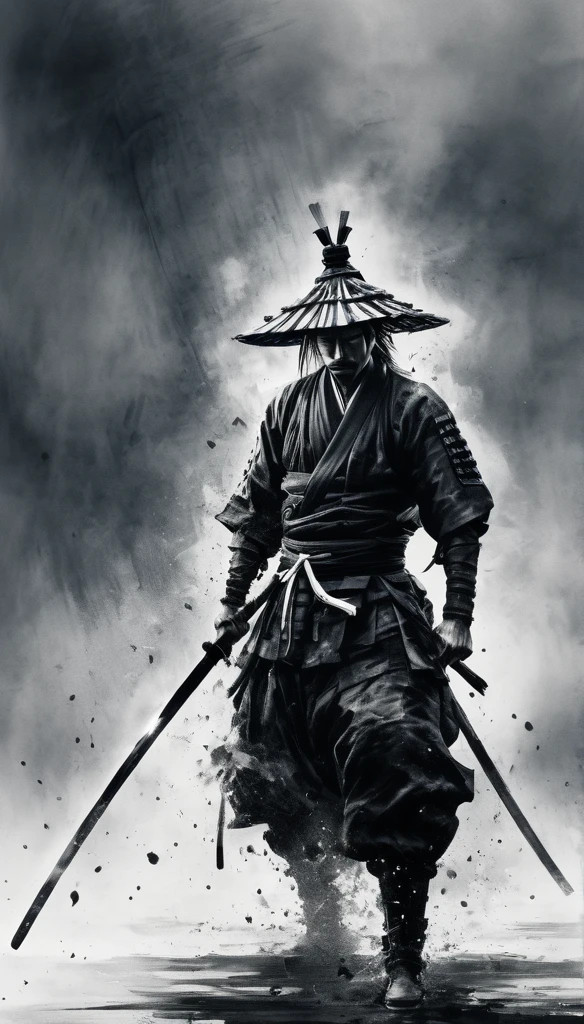 Black and white painting,Ink Painting,splash,Mamba Hair,seppuku,Create a hyper-realistic and cool image of Miyamoto Musashi using his two-sword technique (Katana and Wakizashi). Musashi is in a dynamic battle stance, showcasing his mastery of Niten Ichi-ryu. He wears traditional samurai armor, and the background is a dramatic battlefield with smoky skies, emphasizing the historical context. Highlight his intense focus and determination, capturing the essence of a formidable warrior. Use strong light and shadow contrasts to enhance the dynamic feel of the image.