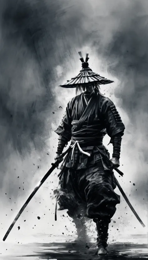 Black and white painting,Ink Painting,splash,Mamba Hair,seppuku,Create a hyper-realistic and cool image of Miyamoto Musashi usin...