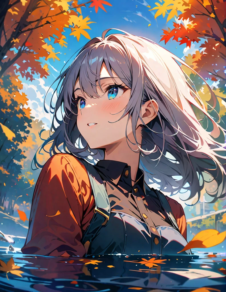 (best quality,4K,8K,High resolution,masterpiece:1.2),super detailed,actual,autumn scenery,Girl reflected in the lake,colorful leaves,floating in water,Golden sunlight shines through the trees,peaceful atmosphere,The girl's expression was calm&#39;s face,red and orange hues,Deep red reflection on the lake,breeze，leaves rustling,Ripples on the water,Warm sweater and jeans,Holding a cup of hot tea,Fallen leaves covered the ground,Small wooden pier extending into the lake,Soft lighting illuminates the scene,The endless trees against the blue sky and white clouds,peaceful atmosphere,get along with nature.