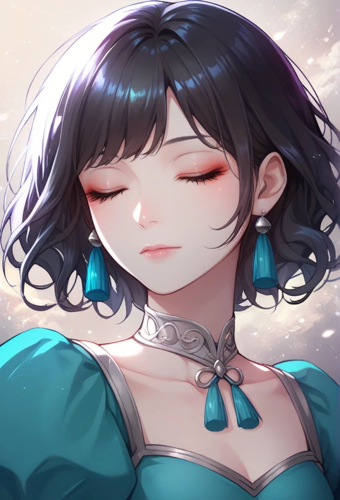 Shoujo style, Aesthetic background, Romance Manhwa, 1girl, Dark hair, solo, Bob hairstyle, villain, Aqua dress, gloves, long sleeves, Choker, Black Eyes, mascara, makeup, artful, looking a viewer, whitebackground, clavicle, puffy sleeves, Silver Accessories, upper-body, frills, bangs, closed mouth, Detailed eyes, (close up), (((Image Macro Details))), pale skin, tassel earrings 