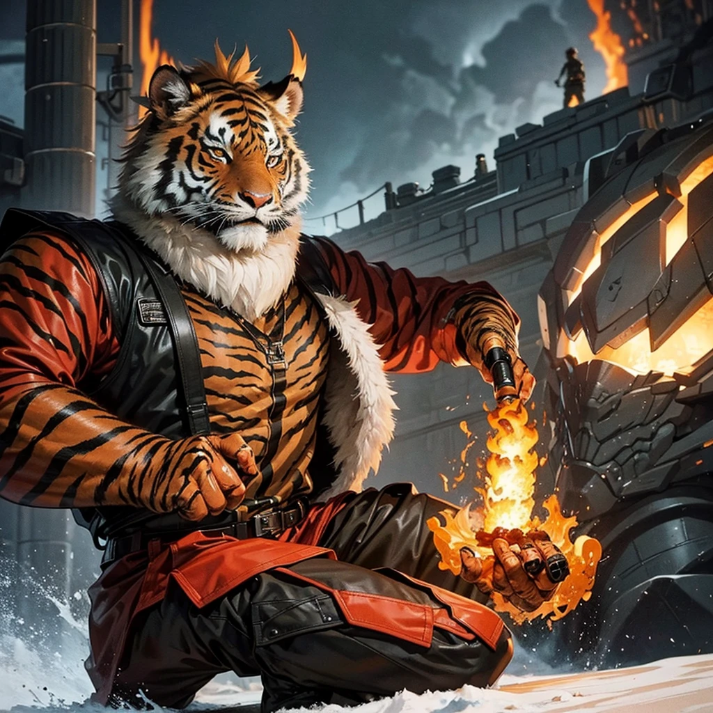 A giant beastman character in the form of a tiger，Wearing a camouflage military uniform，Wearing a pair of military boots。The background is dark clouds filled with firelight，Viewed from the ground upwards，Highlights his massive size。Beast Man holds a toy rifle in his left hand，Serious and focused expression