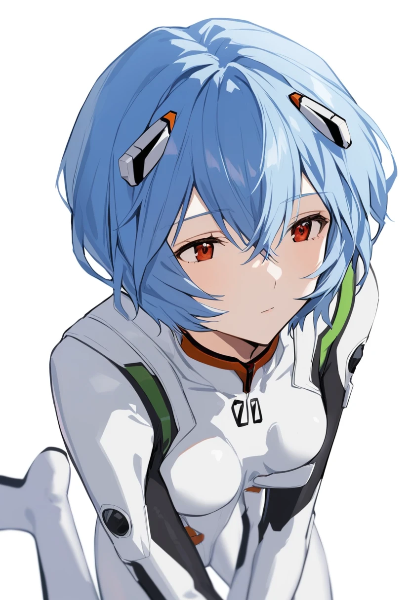 Una chica, rei ayanami, alone, ojos rojos, traje enchufable, cabello corto, pelo azul, pecho, Bodies, Parte superior del cuerpo, Fondo blanco, white Bodies, fondo sencillo, auriculares de interfaz, Golpes, Boca cerrada, pelo entre los ojos, medium pecho, calidad media, lento, wariza