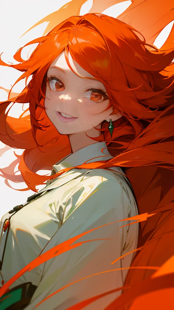 Highest quality、 masterpiece、Upper body close-up、Smiling woman、Windblown orange hair、Glowing red eyes、Background of phobia、White and green clothes