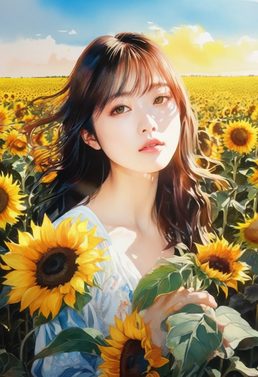 (artwork:Otomo Katsuhiro)
8K, High resolution, A complex and intricate masterpiece, (Summer vacation:1.2), (Girl holding a bouquet of sunflowers:1.1)、Sunflower field、Beautiful Face、transparent, Glowing black eyes, Blue sky and brown eyes, Medium Shot, Blue Hair, Organic Shapes, Hard Edge, Anatomically correct body,  Ultra-realistic, elegant,Cinema Lighting, Very detailed, Vibrant colors, Octane Rendered Sunflower Bouquet、 Unreal atmosphere, Award-winning works, Bright and rich colors, iridescent accents, Dramatic Shadows,Dynamic and atmospheric lighting, Anamorphic Lens, Sharp focus, 
Otomo Katsuhiroによる精緻で緻密な傑作, Katsuhiro Otomo STYLE, Pop Surrealism, watercolor , Kanna Hashimoto