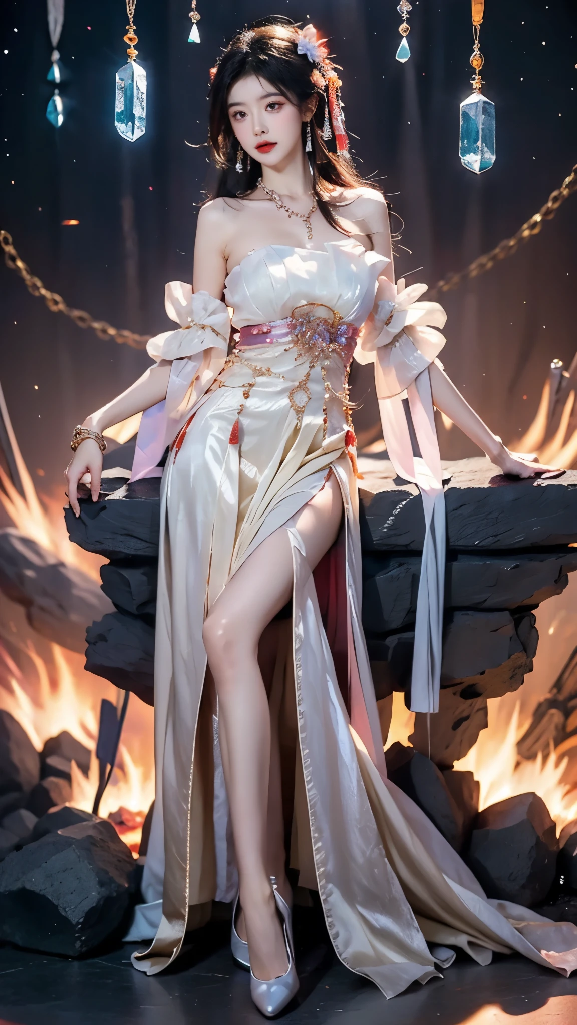 guqinghan, jrys,high heels,bare shoulders, see-through, jewelry,strapless, collarbone, bracelet, off shoulder,earrings, bow,cleavage, tube dress, strapless dress, 8K Ultra HD，masterpiece，Top image quality，A beautiful girl，((I-type Valley)), ((Chest Window)), Flowing long hair，Stunning Hairstyle，Crystal texture，sparkling，Skin like jade，Pink dream lights，Vast space background，Sit upright，Full body display，A familiar background。