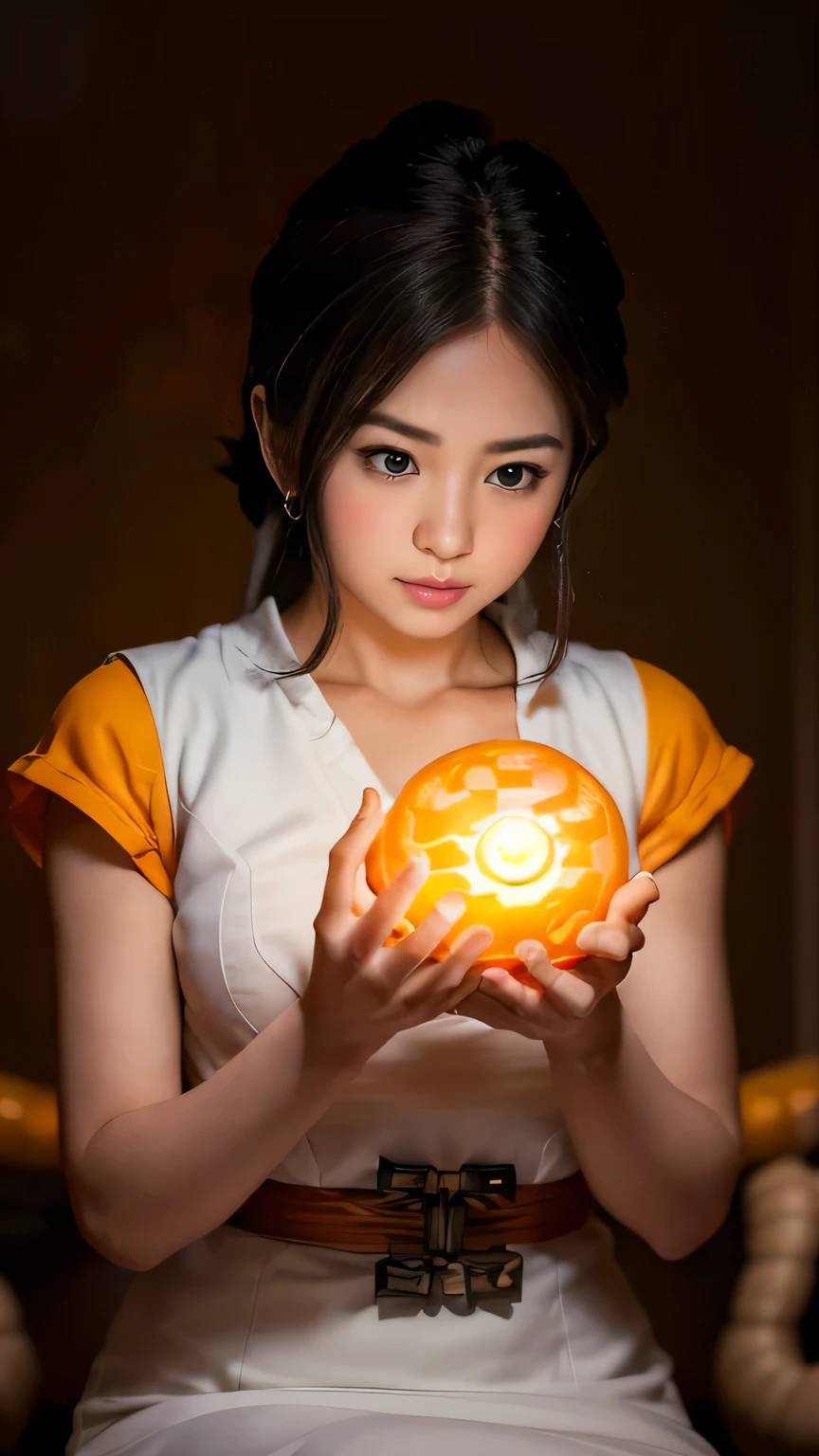 Best quality, masterpiece, high resolution, 8K Ultra HD, masterpiece, high resolution, 4k, 8k, (photorealistic: 1.2), (sharp focus), (highly detailed skin: 1.2),
one girl, cheongsam, hair ornament, necklace, jewelry, beautiful face, beautiful woman, (holding a dragon ball that emits a beautiful light in her palms with both hands clasped in front of her face), ((glowing dragon ball that emits a beautiful light: 1.5)), (staring at the dragon ball: 1.5), ((looking down: 1.5)), beautiful face illuminated by light, beautiful proportions, ample breasts, cowboy shot, milky way, double long exposure, movie still, (tyndall effect: 1.5), (dark studio: 1.5), (staring at the dragon ball: 1.5), rim lighting, two-tone lighting, 8k uhd, dslr, soft lighting, volumetric lighting, candid, photography, bokeh, (staring dragon ball: 1.5), (staring dragon ball: 1.5),