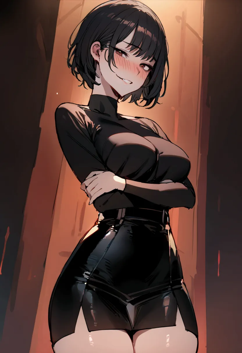 masterpiece, best quality 1girl, solo, beautiful woman, bangs, black hair, short hair, bob cut, dark brown eyes, deep blush, gri...