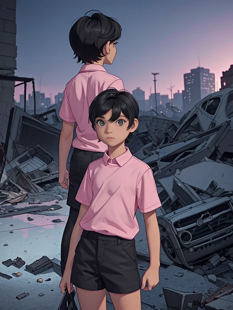 best image], [4k, HD] Boy, short black hair, 11-, short, light skin, wearing pastel pink shirt, black shorts, back to the Looking at destroyed city on blue fire, blue fire in the background