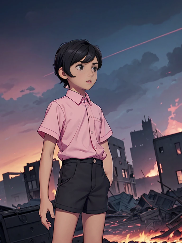 best image], [4k, HD] Boy, short black hair, 11-, short, light skin, wearing pastel pink shirt, black shorts, back to the Looking at destroyed city on blue fire, blue fire in the background