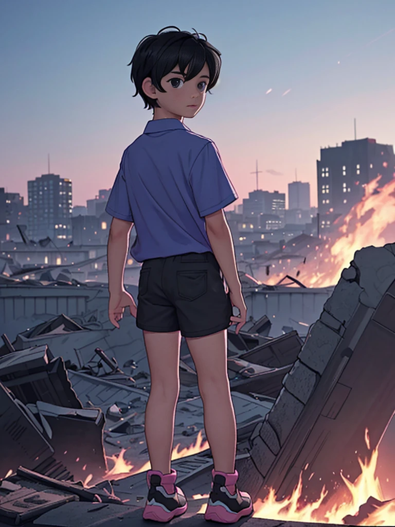 best image], [4k, HD] Boy, short black hair, 11-, short, light skin, wearing pastel pink shirt, black shorts, back to the Looking at destroyed city on blue fire, blue fire in the background