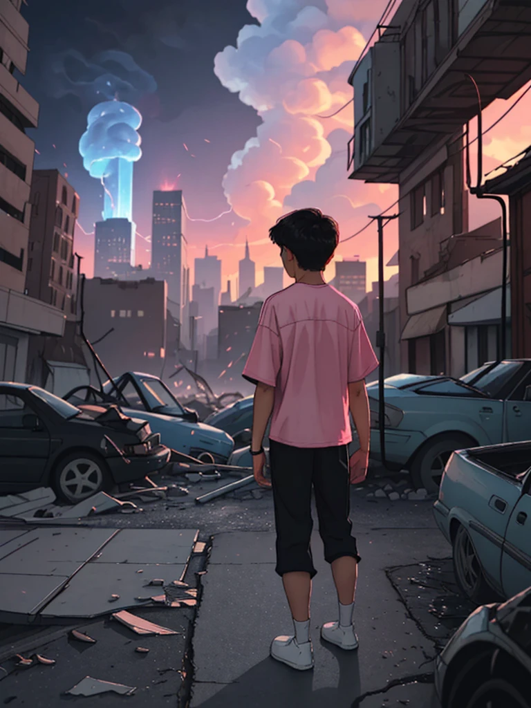 best image], [4k, HD] Boy, short black hair, 11-, short, light skin, wearing pastel pink shirt, black pants, back to the Looking at destroyed city on blue fire, blue fire in the background