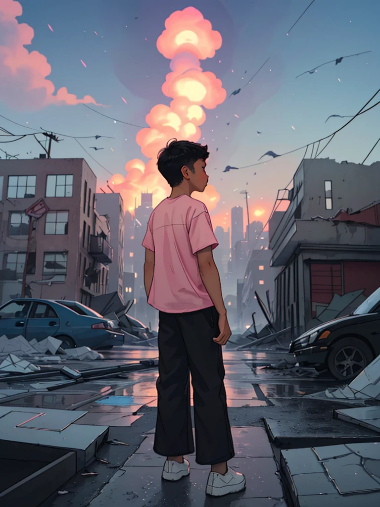 best image], [4k, HD] Boy, short black hair, 11-, short, light skin, wearing pastel pink shirt, black pants, back to the Looking at destroyed city on blue fire, blue fire in the background