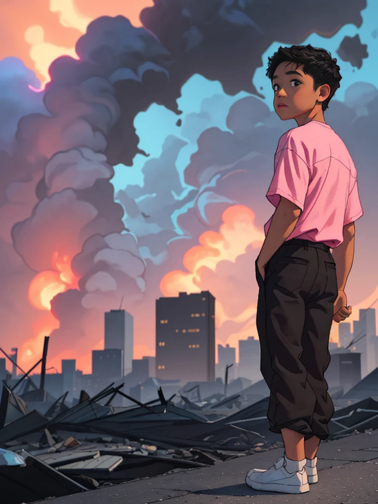 best image], [4k, HD] Boy, short black hair, 11-, short, light skin, wearing pastel pink shirt, black pants, back to the Looking at destroyed city on blue fire, blue fire in the background