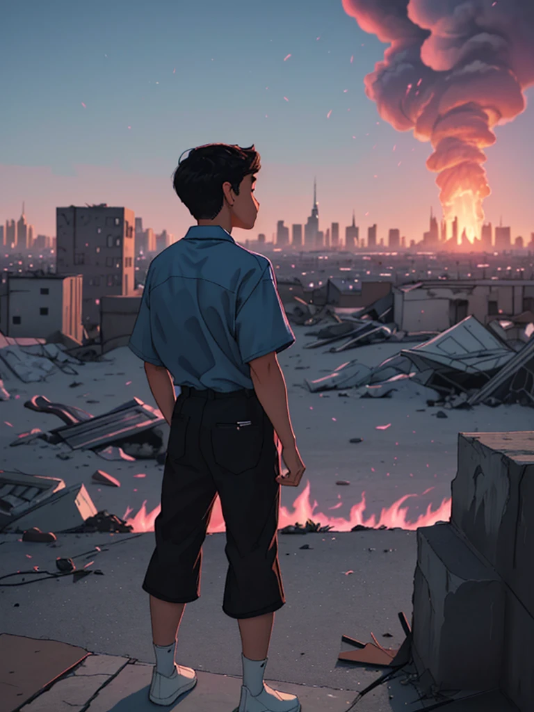 best image], [4k, HD] Boy, short black hair, 11-, short, light skin, wearing pastel pink shirt, black pants, back to the Looking at destroyed city on blue fire, blue fire in the background