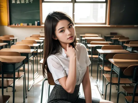 beautiful teenage woman , sit on a chair ,classroom