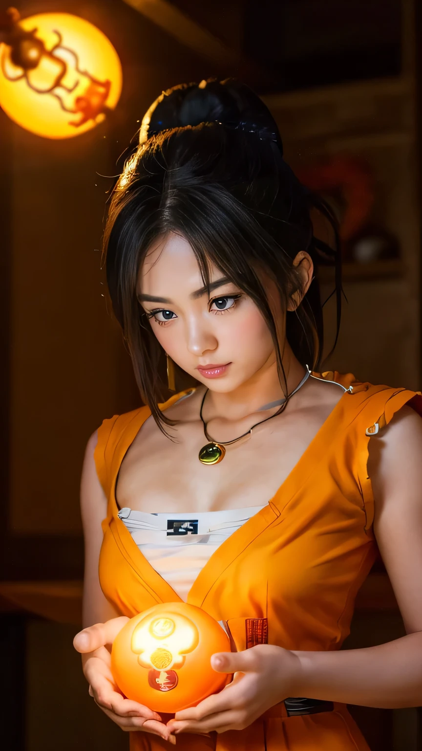Best quality, masterpiece, high resolution, 8K Ultra HD, masterpiece, high resolution, 4k, 8k, (photorealistic: 1.2), (sharp focus), (highly detailed skin: 1.2),
one girl, cheongsam, hair ornament, necklace, jewelry, beautiful face, beautiful woman, (holding a dragon ball that emits a beautiful light in her palms with both hands clasped in front of her face), ((glowing dragon ball that emits a beautiful light: 1.5)), (staring at the dragon ball: 1.5), ((looking down: 1.5)), beautiful face illuminated by light, beautiful proportions, ample breasts, cowboy shot, milky way, double long exposure, movie still, (tyndall effect: 1.5), (dark studio: 1.5), (staring at the dragon ball: 1.5), rim lighting, two-tone lighting, 8k uhd, dslr, soft lighting, volumetric lighting, candid, photography, bokeh, (staring dragon ball: 1.5), (staring dragon ball: 1.5),