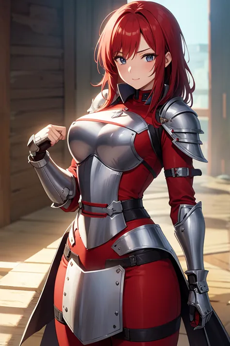 cool red-haired busty female knight、cloth equipment