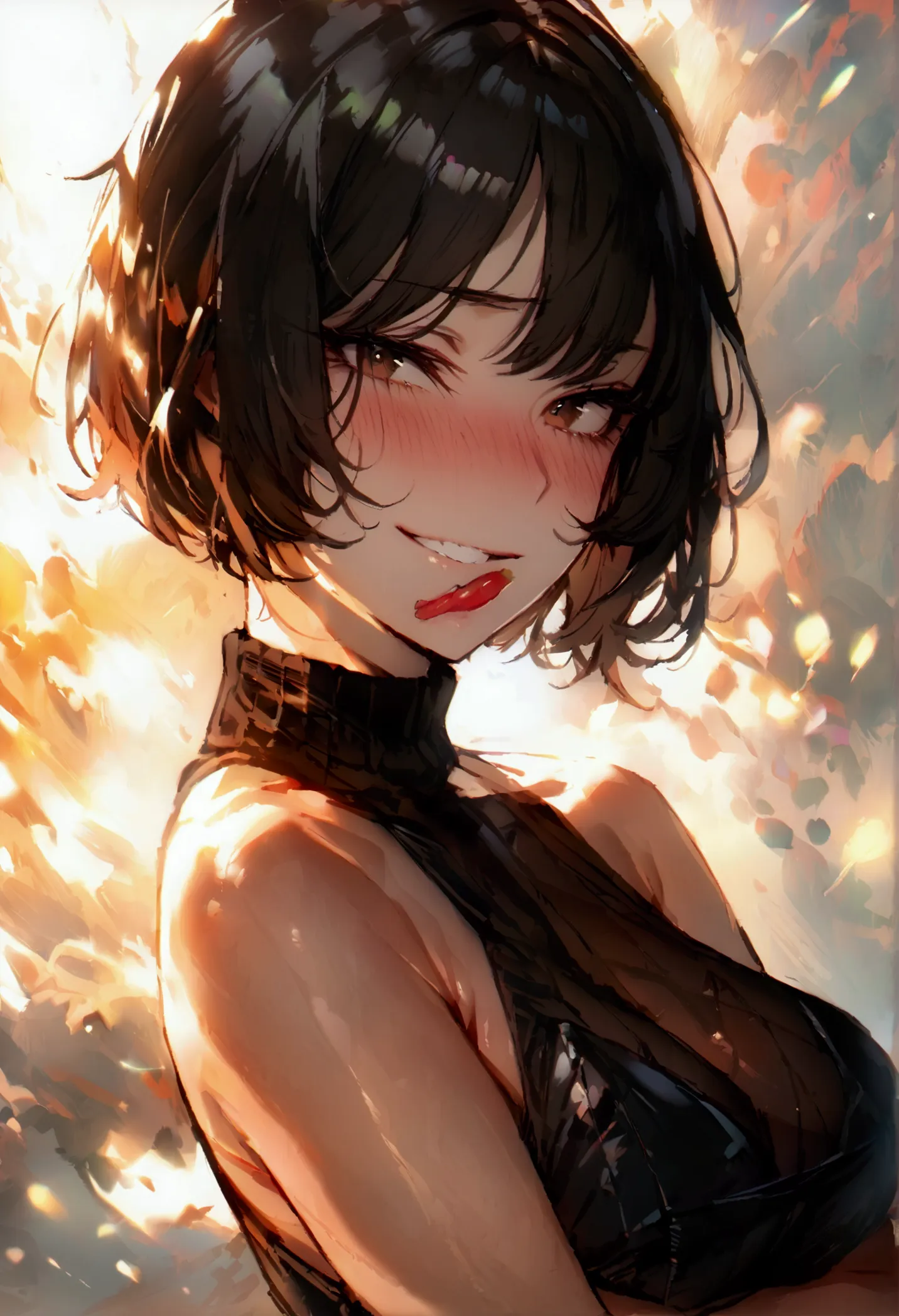 masterpiece, best quality 1girl, solo, beautiful woman, bangs, black hair, short hair, bob cut, dark brown eyes, deep blush, gri...