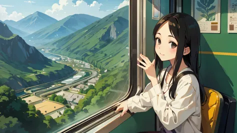 beautiful girl　cute　１0th Generation　I'm on the train　Looking out the window　Ghibli-style illustrations　
