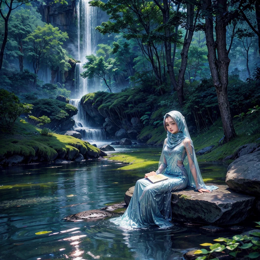 A stunning high-quality fantasy artwork featuring a captivating 20 yo Indonesia woman with a serene expression, her face turned towards the camera. She wears ethereal Muslim attire with a flowing, long hijab. Seated gracefully on a large rock holding an ancientsl book, she is surrounded by a tranquil pond that reflects her image, with unique, verdant trees in the background. The twilight sky emits a subtle aurora, adding to the enchanting atmosphere. The detailed, close-up composition creates a cinematic and mystical ambiance, enhanced by volumetric lighting.