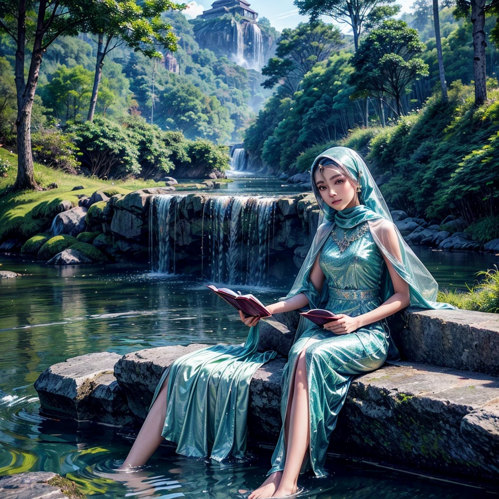 A stunning high-quality fantasy artwork featuring a captivating 20 yo Indonesia woman with a serene expression, her face turned towards the camera. She wears ethereal Muslim attire with a flowing, long hijab. Seated gracefully on a large rock holding an ancientsl book, she is surrounded by a tranquil pond that reflects her image, with unique, verdant trees in the background. The twilight sky emits a subtle aurora, adding to the enchanting atmosphere. The detailed, close-up composition creates a cinematic and mystical ambiance, enhanced by volumetric lighting.