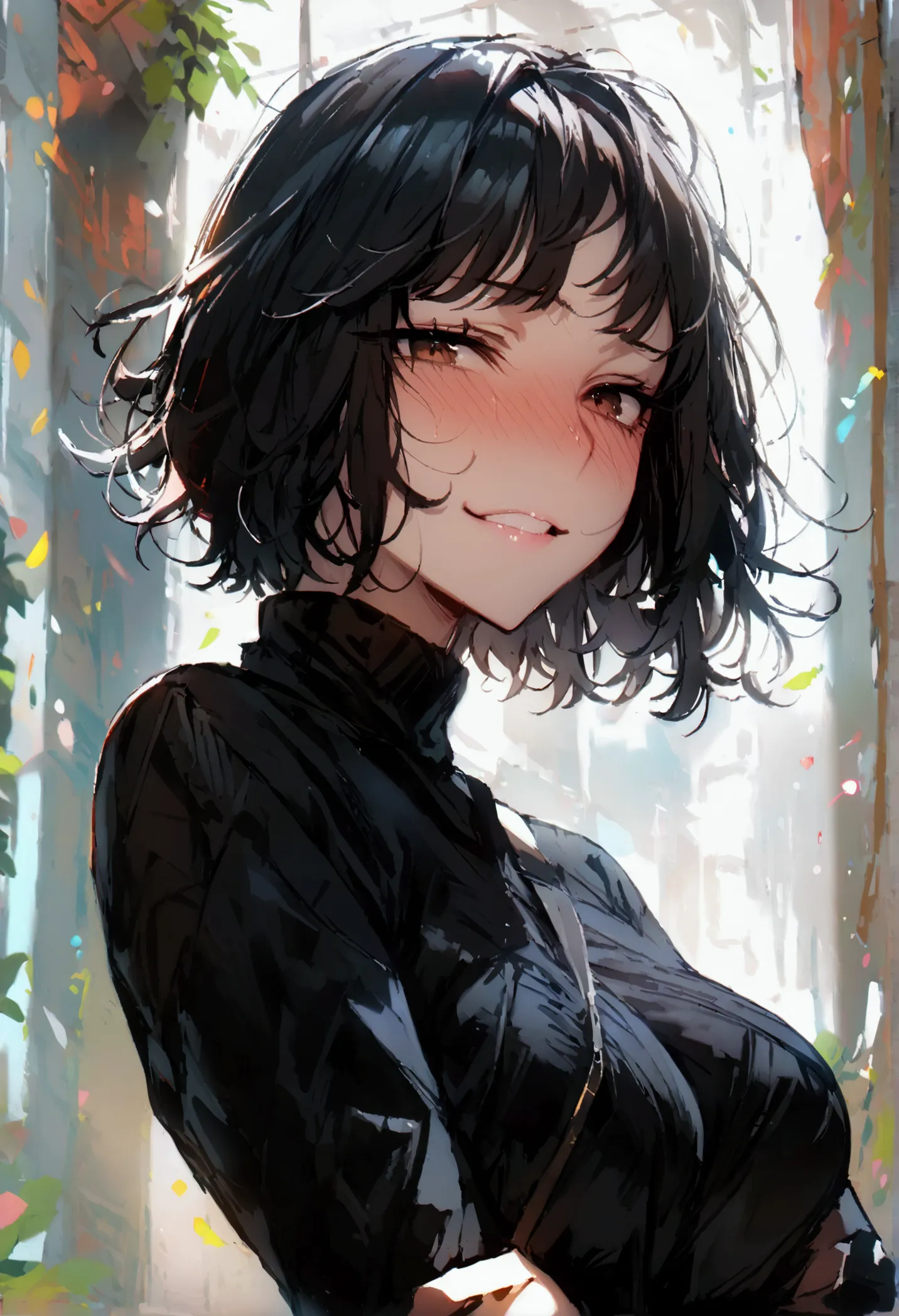 masterpiece, best quality 1girl, solo, beautiful woman, bangs, black hair, short hair, bob cut, dark brown eyes, deep blush, gri...