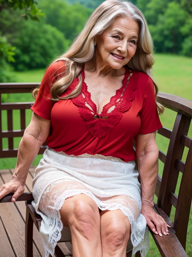 Mature old woman 80 years with long hair, plus size, old face and body