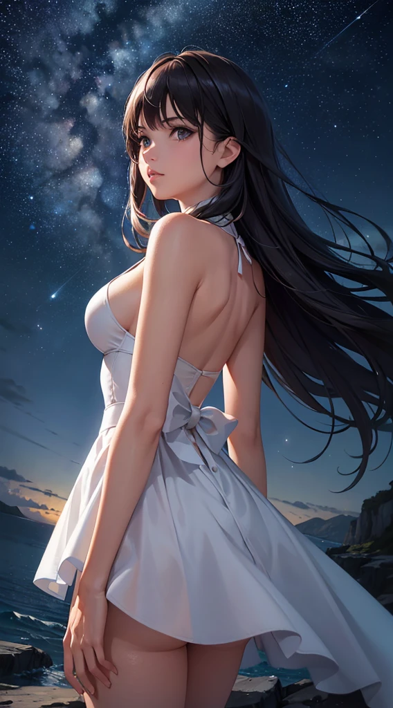 (The best quality), ((Masterpiece)), ultrahigh resolution, (realist:1.4), Professional illustration style, Harmonious color palette, Depth and dimension, Exquisite brushstroke, Photo original, octane, sky, stars (sky), landscape, sky estrellado, evening, ((1woman)), (Alone) long dark hair, evening cerrada marcada por la luminosidad del sky nocturno estrellado, beautiful girl, ((la mujer esta de espaldas mirando al sky)), ((bare shoulders)), (you can&#39;t see his face), (((turns his back to the viewer))), sky nocturno, Alone, outdoor, building, clouds, (milky way), (((seated))), City, ((silhouette)), landscape urbano, darkness,