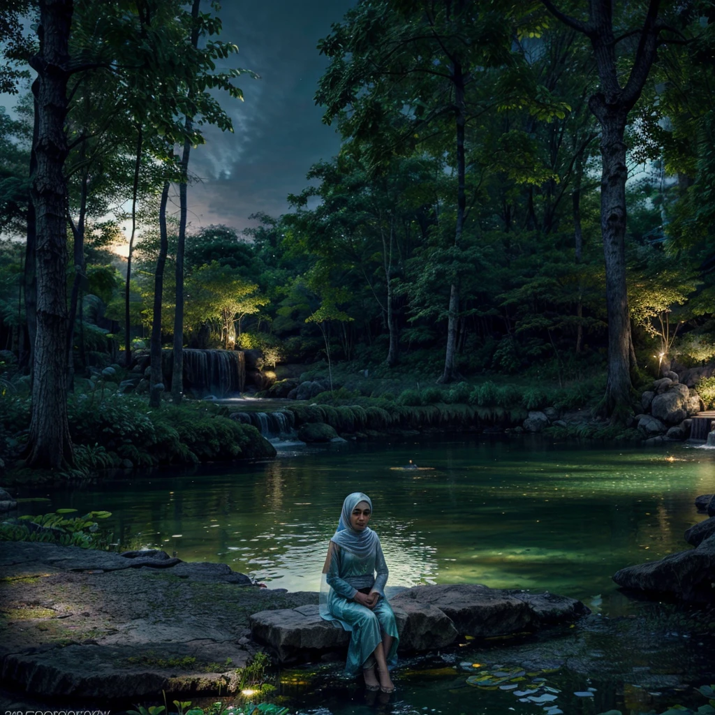 A stunning high-quality fantasy artwork featuring a captivating 20 yo Indonesia woman with a serene expression, her face turned towards the camera. She wears ethereal Muslim attire with a flowing, long hijab. Seated gracefully on a large rock holding an ancientsl book, she is surrounded by a tranquil pond that reflects her image, with unique, verdant trees in the background. The twilight sky emits a subtle aurora, adding to the enchanting atmosphere. The detailed, close-up composition creates a cinematic and mystical ambiance, enhanced by volumetric lighting.