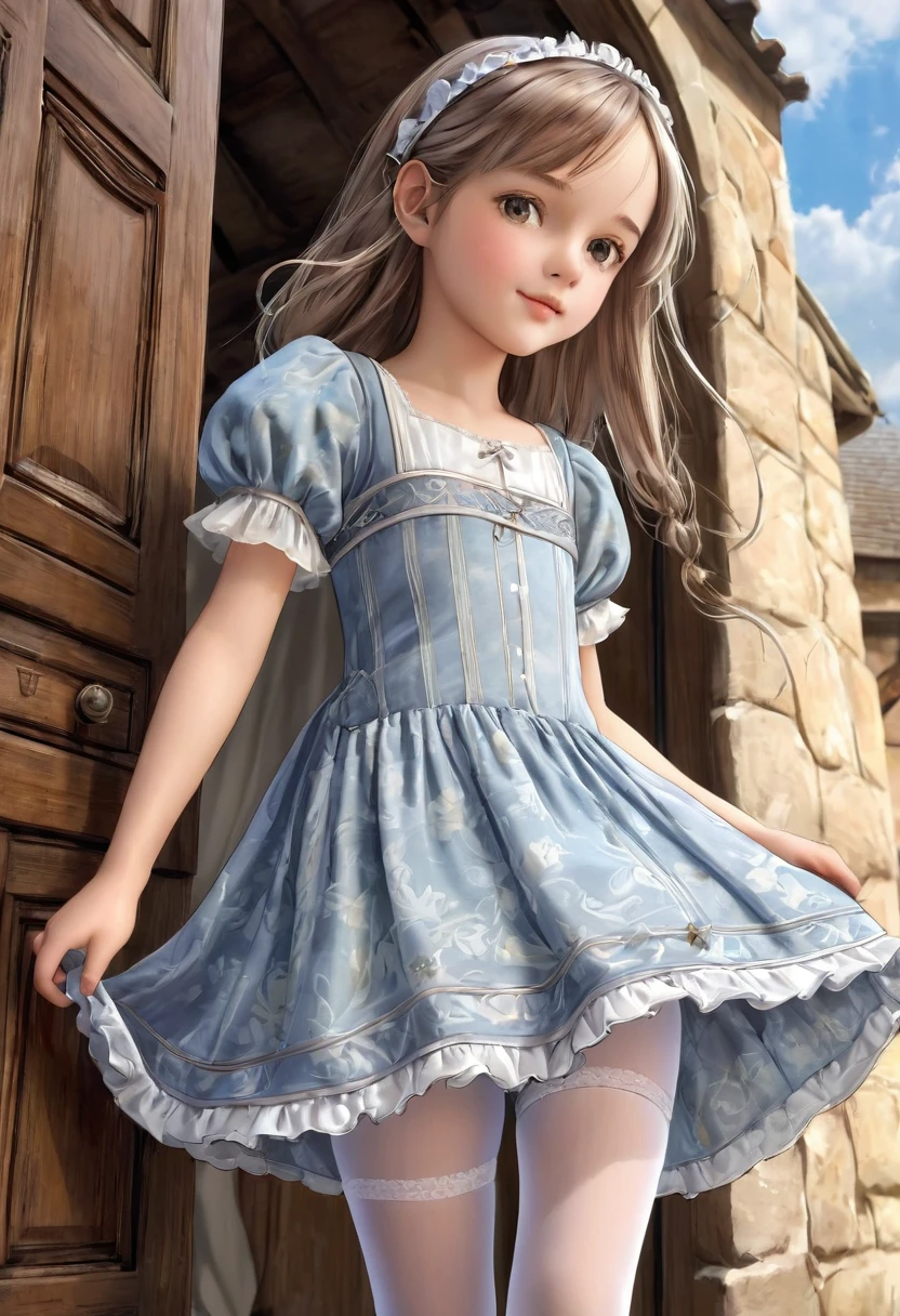 10 year old girl underwear, Realistic bloomers made from patterned cotton fabric, , Medieval one-piece dress with panniers, Fabric Realism, Low - Angle, You can see the drawer, Pull up the dress by hand, Strong winds, Translucent slip, Translucent slip, tights, Highest quality, Crotch close-up, whole body
