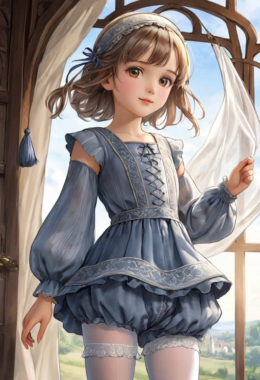 10 year old girl underwear, Realistic bloomers made from patterned cotton fabric, , Medieval one-piece dress with panniers, Fabric Realism, Low - Angle, You can see the drawer, Pull up the dress by hand, Strong winds, Translucent slip, Translucent slip, tights, Highest quality, Crotch close-up, whole body
