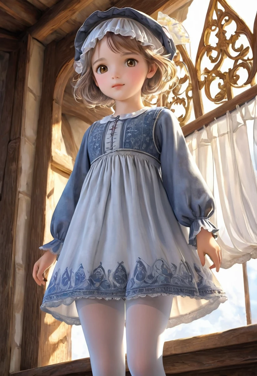  ropa interior de niña, Bloomers realistas hechos de tela de algodón estampada., , Vestido medieval de una pieza con alforjas., Fabric Realism, Ángulo bajo, Puedes ver el cajón., Levanta el vestido con la mano., Vientos fuertes, deslizamiento translúcido, deslizamiento translúcido, medias, de la máxima calidad, Primer plano de la entrepierna, todo el cuerpo
