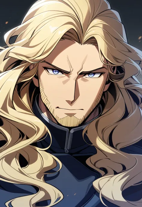 male, late 30s, ((blond, shoulder-length, middle-part wavy hair)), ((light-purple, deep-set, Sanpaku eyes)), slightly thick blon...