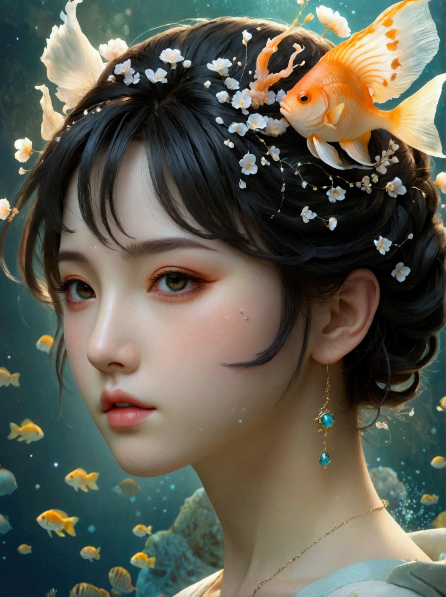 Zodiac，Pisces，Anime style，front，Hyperrealism，Spectacular views，Exquisite facial features，Ultra-real beauty，particle，Rich in details，masterpiece，best quality，Ultra Detailed，OC Rendering，8k quality