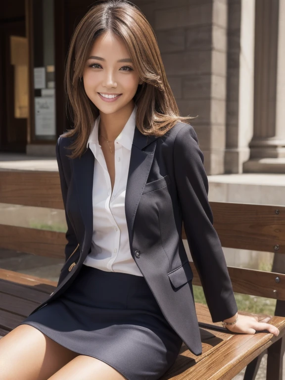 Tabletop, Highest quality, Realistic, Very detailed, finely, High resolution, 8k wallpaper, 1. Beautiful woman,, Light brown messy hair, Wearing a business suit, Short Harp Focus, Perfect dynamic composition, finelyて美しい目, Thin Hair, Detailed and Realistic skin texture, smile, Model Body Type、Beautiful legs、Park bench、smile、
