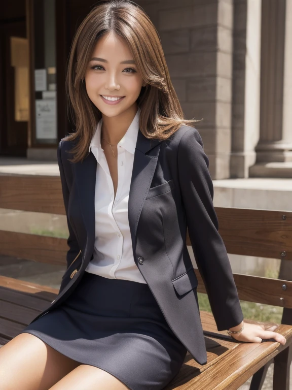 Table, la plus haute qualité, Réaliste, très détaillé, finement, haute résolution, Fond d&#39;écran 8k, 1. Belle femme,, cheveux châtain clair en désordre, Porter un costume d&#39;affaires, Mise au point courte de la harpe, Composition dynamique parfaite, finementて美しい目, Cheveux fins, Detailed and Réaliste skin texture, sourire, Type de corps du modèle、belles jambes、banc de parc、sourire、