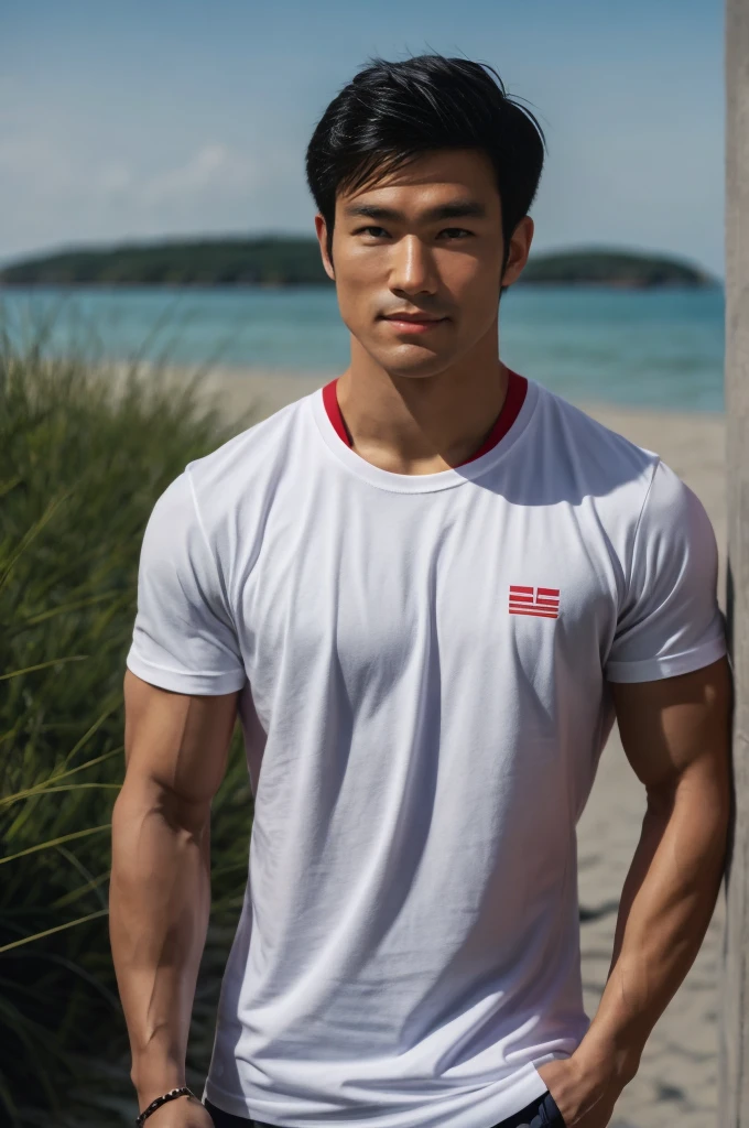 ein hübscher, muskulöser junger asiatischer Mann schaut in die Kamera. In einem einfachen T-Shirt weiß und rot , Feldseite, grass, Strand, Sonnenlicht, Eine Kamera tragen