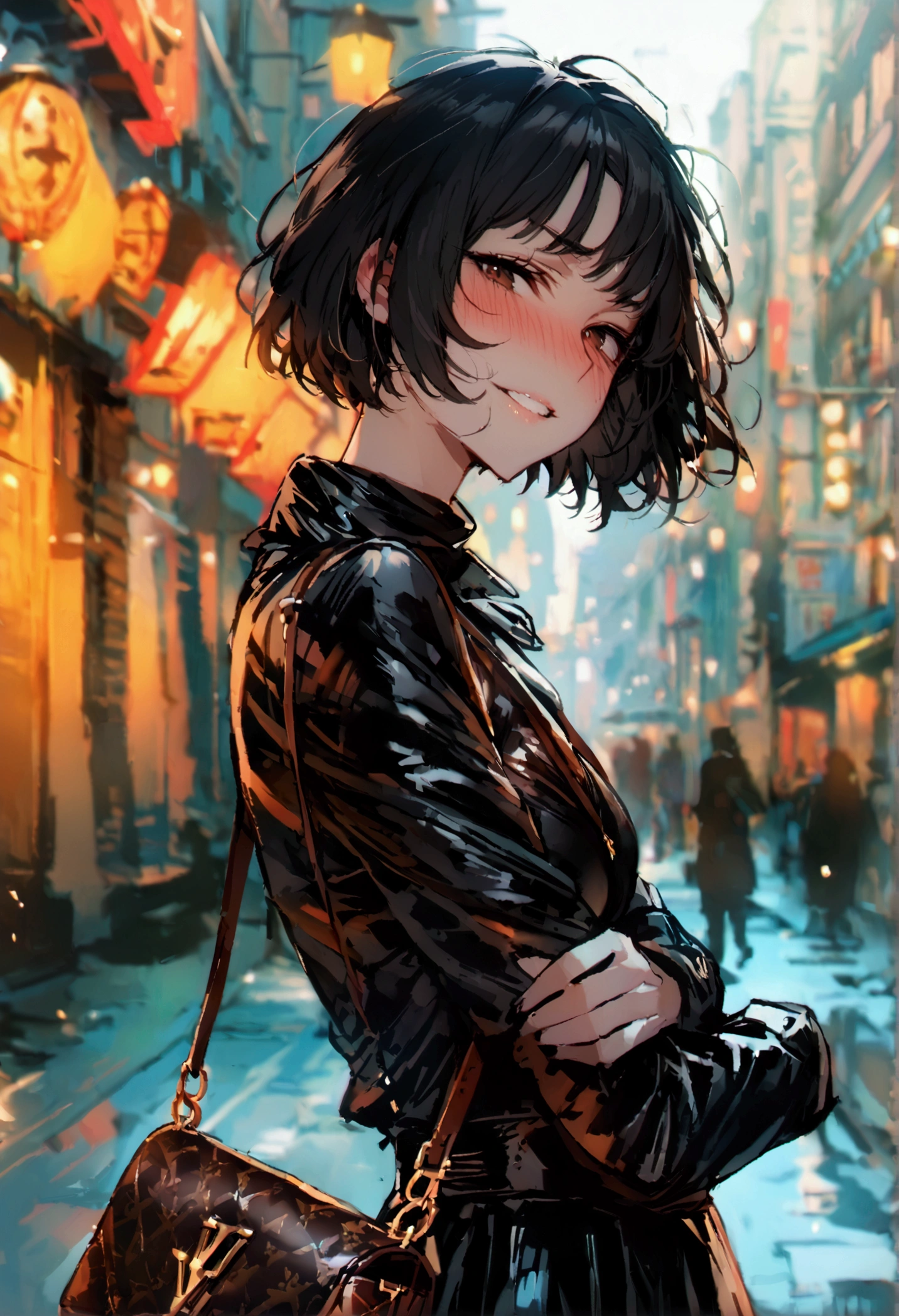 masterpiece, best quality 1girl, solo, beautiful woman, bangs, black hair, short hair, bob cut, dark brown eyes, deep blush, grin, medium breasts, black turtle neck sweeter, short black skirt, plated skirt, louis vuitton handbag, arms crossed under her breasts, looking at viewer street background