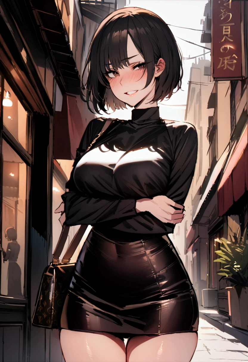 masterpiece, best quality 1girl, solo, beautiful woman, bangs, black hair, short hair, bob cut, dark brown eyes, deep blush, grin, medium breasts, black turtle neck sweeter, short black skirt, plated skirt, louis vuitton handbag, arms crossed under her breasts, looking at viewer street background