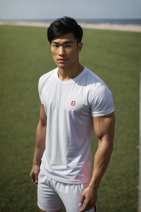 A handsome, muscular young Asian man looks at the camera. In a simple t-shirt white and red , Fieldside, grass, beach, sunlight,...