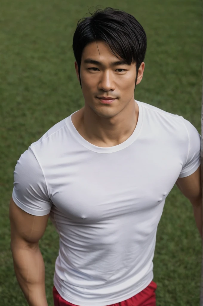 A handsome, muscular young Asian man looks at the camera. In a simple t-shirt white and red , Fieldside, grass, beach, sunlight, Carrying a camera