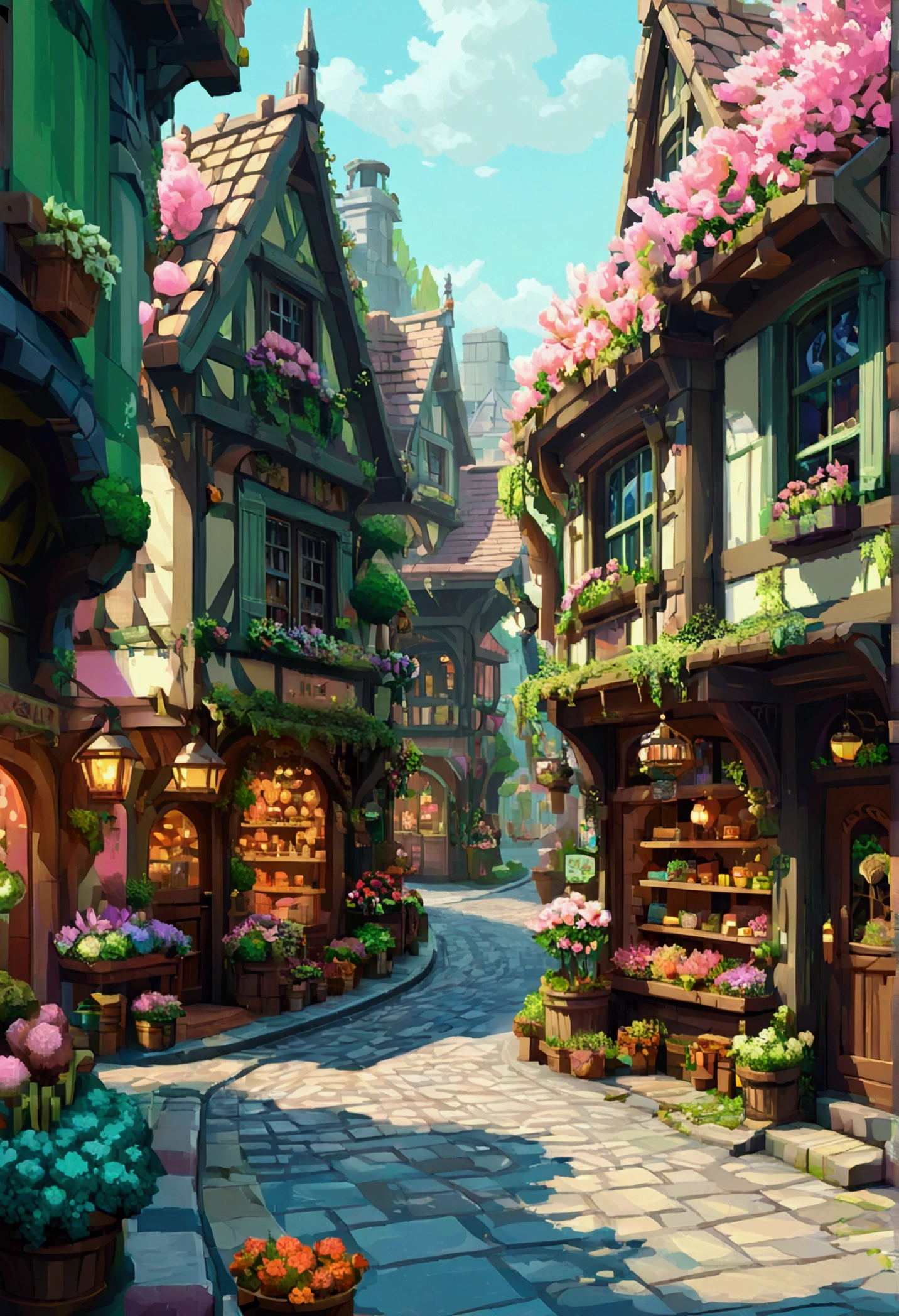 Pixel art pour rues fantastiques, De belles boutiques partout，Comme un fleuriste, boulangerie, et plus. Utiliser une seule palette. Chaque boutique est décorée dans des couleurs claires.   Les rues sont pleines de jolies créatures fantastiques, Comme des elfes, licornes, et des animaux qui parlent, Promenez-vous - créé à l&#39;aide du logiciel Pixlr ou Aseprite, Utilisez du vert clair/rose/Palette bleue—C 10