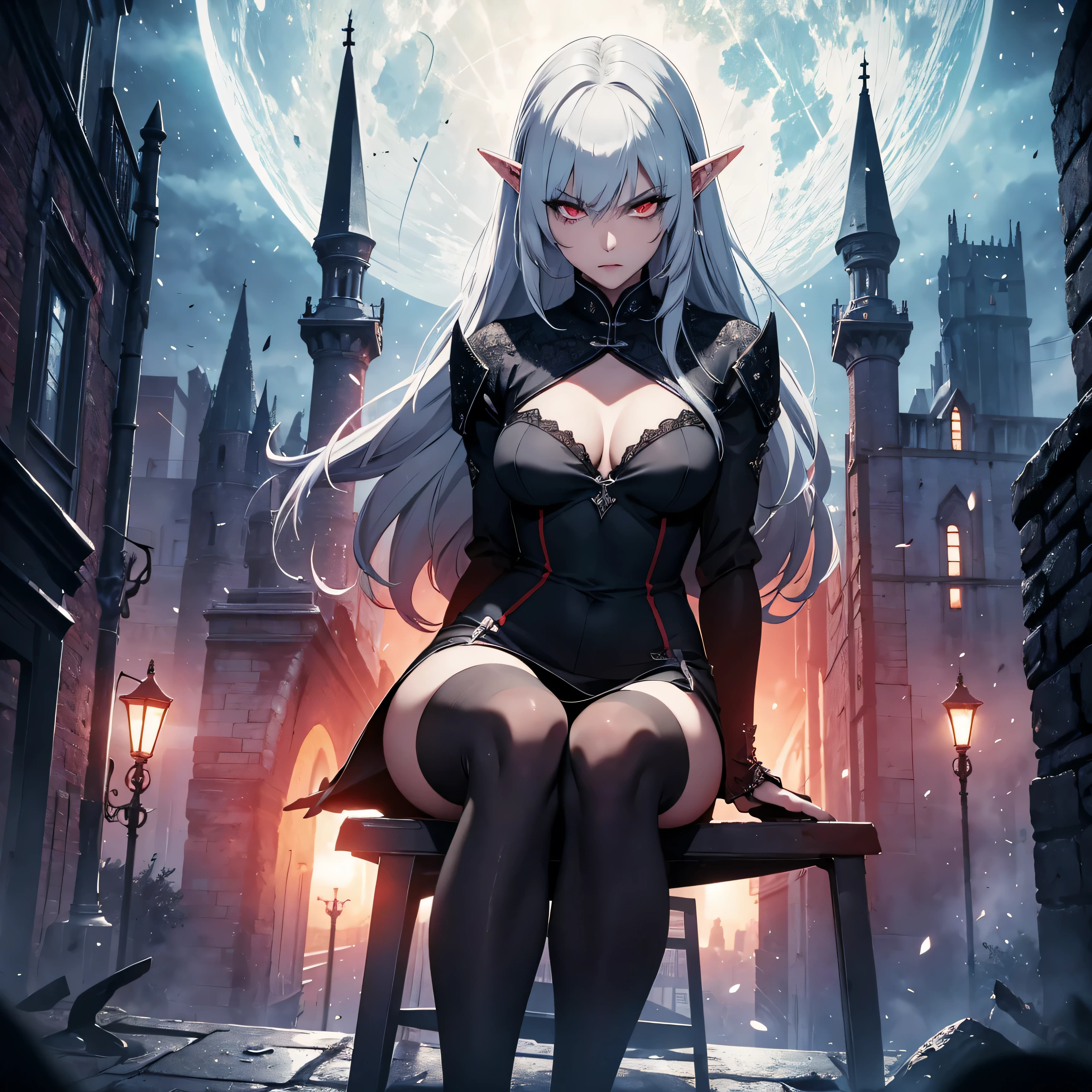 1girl, (solo), alice, vampire, grey hair, long hair, red eyes, pointy ears, serious face, small breasts, small size, sexy black dress, sex view, full body, very lots of cum on sex, sitting down, medieval castle, (night), white moon, (very sexy body, detailed face, masterpiece, highly detailed, 8k, best quality, vibrant colors, digital art, concept art)